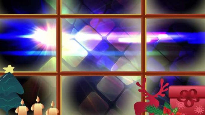 透过窗户看到的带有圣诞节装饰的发光紫色马赛克动画
