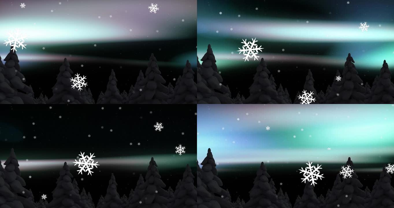 圣诞节在极光上的冬季风景动画