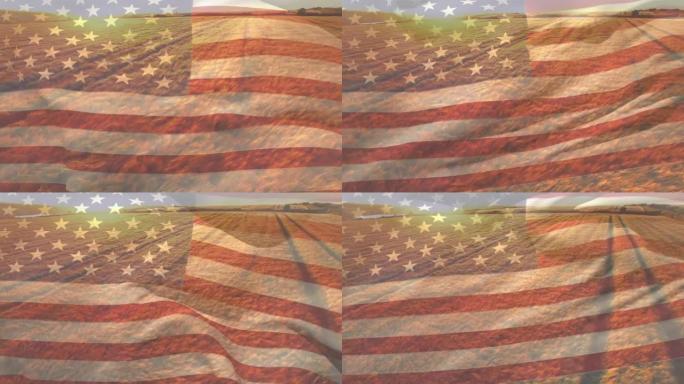 美国国旗吹过麦田的动画