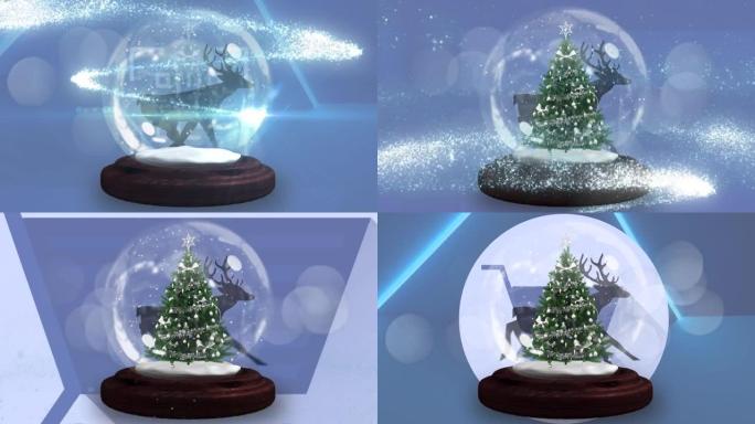在雪球中围绕圣诞树射击星星，以对抗驯鹿奔跑和购物车图标