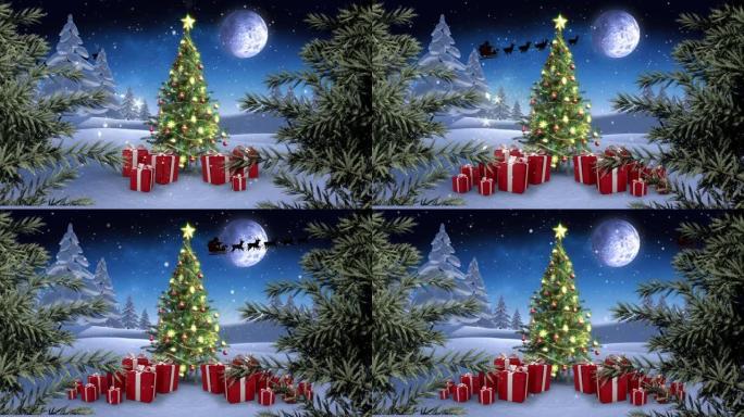 圣诞老人在圣诞礼物，树和月亮上与驯鹿一起在雪橇上的动画