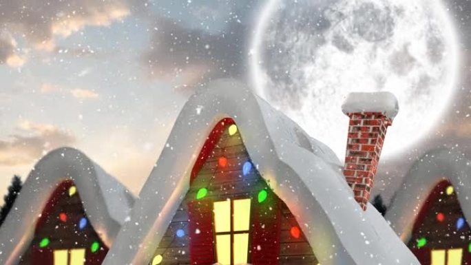 积雪覆盖的房屋上积雪的动画，装饰着圣诞仙女的灯光和月亮