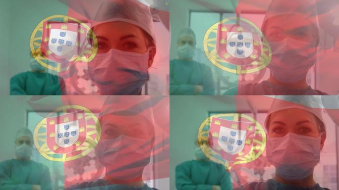 葡萄牙国旗在手术室中挥舞着外科医生的动画