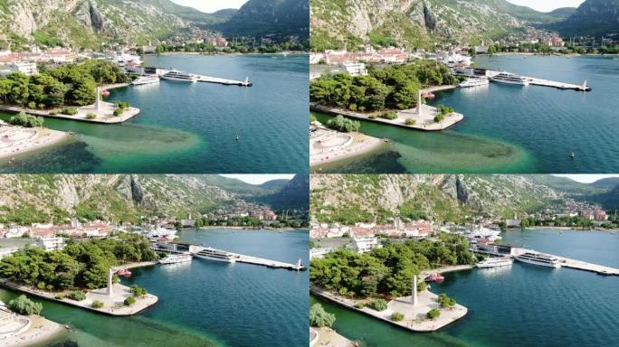 在Kotor湾的黑山的Kotor旧城区上方的鸟瞰图。股票视频
