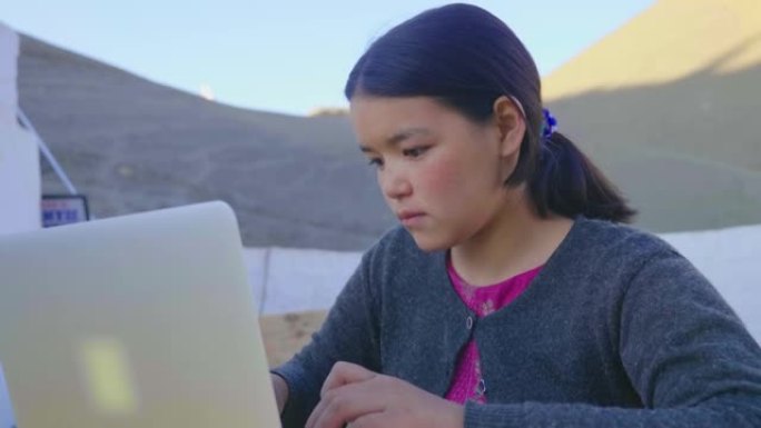 专注于东亚的年轻少女正在偏远地区的笔记本电脑上做学校作业。