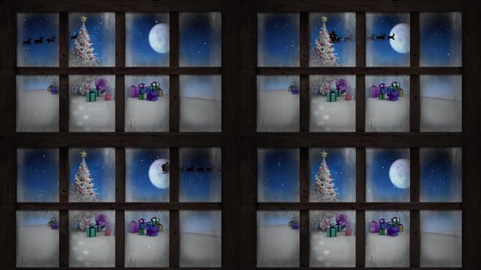 木制窗框，抵御落在圣诞树上的雪和冬季景观上的礼物