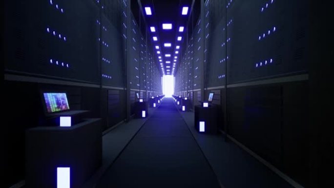 数据中心或Isp的服务器室玻璃面板后面的网络和数据服务器，3d渲染