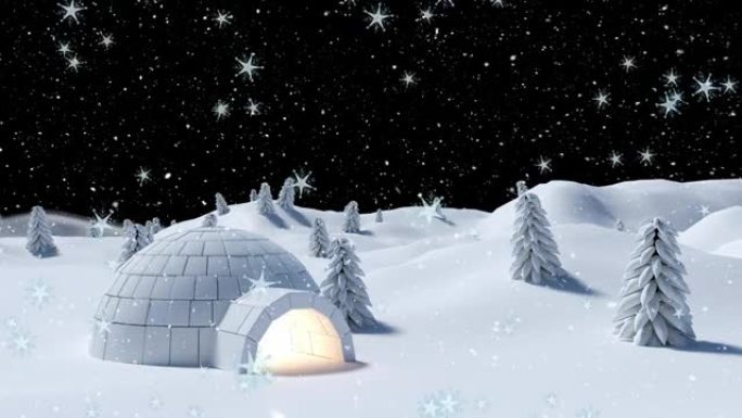 冬季景观中的雪落在冰屋上的动画