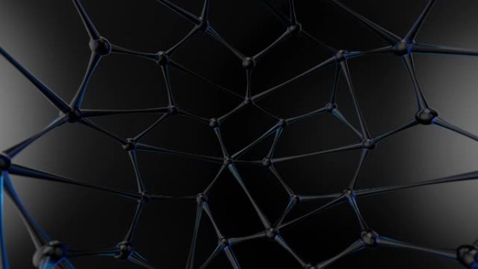 玻璃和晶体的分子网链。抽象3D循环动画。连接。黑色，蓝色。全局连接。屏幕保护程序。类型2