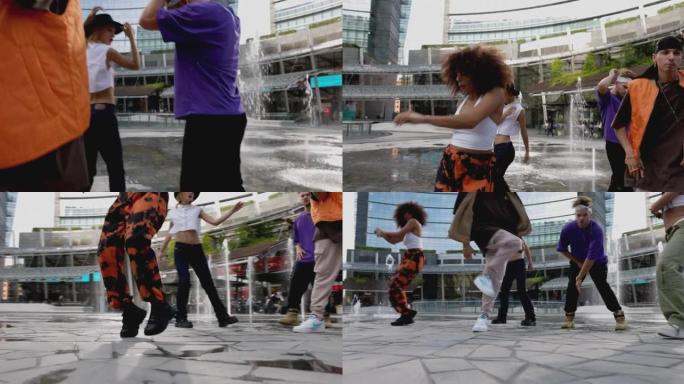 都市hiphop舞蹈，一群年轻的表演者在市区与说唱音乐共舞
