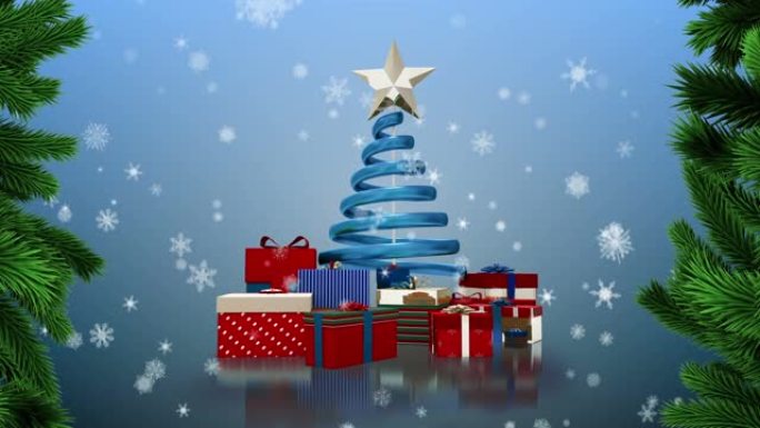圣诞树和礼物上的杉木树枝动画