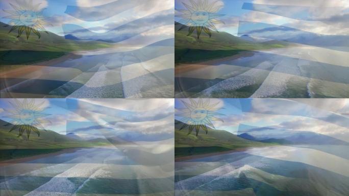 数字组成的挥舞乌拉圭旗帜反对海滩和大海的鸟瞰图