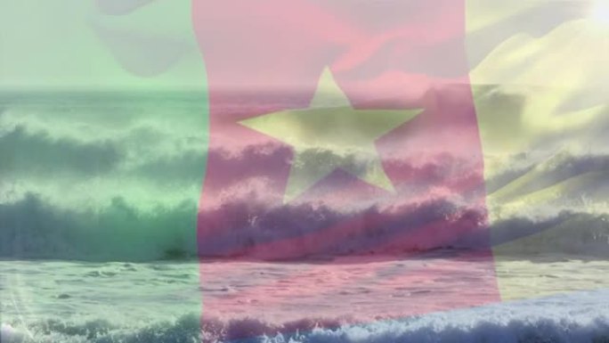 喀麦隆国旗在海上飘过波浪的动画