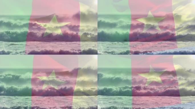 喀麦隆国旗在海上飘过波浪的动画