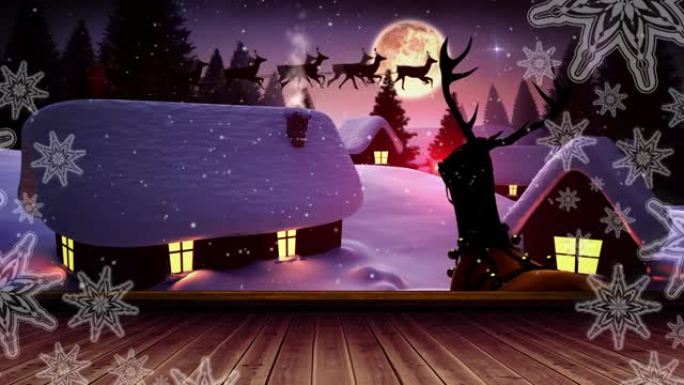 木板上的雪花映入雪中，落在冬天的风景和夜空中的月亮上