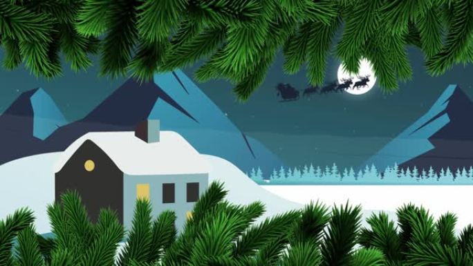 雪橇上的圣诞老人的树木动画，驯鹿随着月亮和冬天的风景而移动