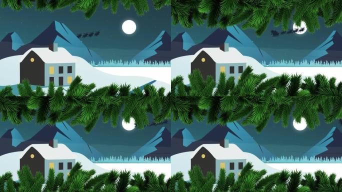 雪橇上的圣诞老人的树木动画，驯鹿随着月亮和冬天的风景而移动