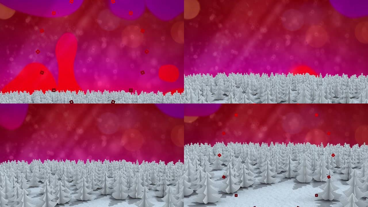 冬季景观上树木上的红色装饰设计，粉红色背景上的光斑