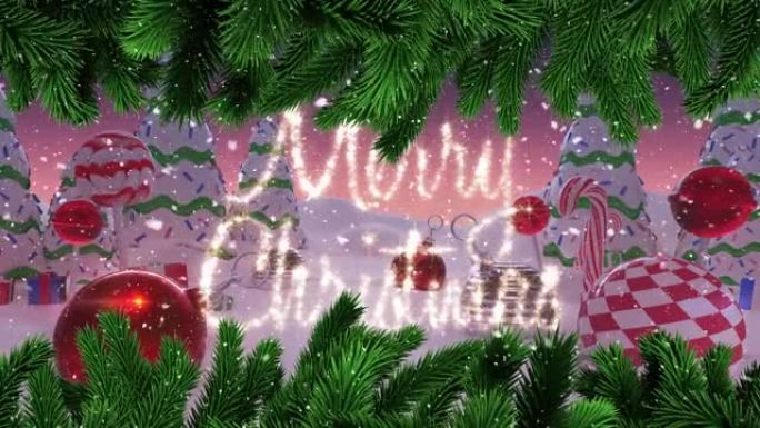 冬季风景和装饰品上的圣诞快乐文本动画