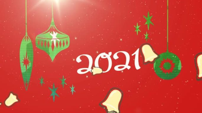 圣诞悬挂装饰品和多个铃铛图标落在红色背景上的2021文本上