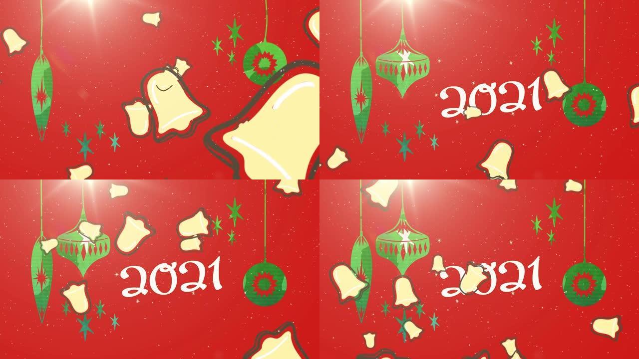 圣诞悬挂装饰品和多个铃铛图标落在红色背景上的2021文本上