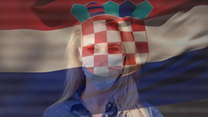 克罗地亚国旗在戴着口罩的女人身上的动画