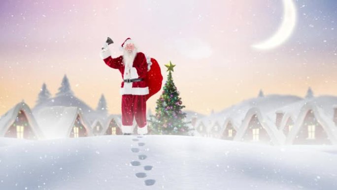雪落在圣诞老人身上，圣诞老人站在冬天的风景上。