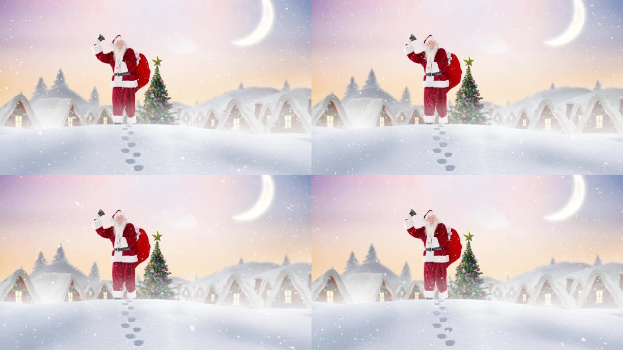 雪落在圣诞老人身上，圣诞老人站在冬天的风景上。