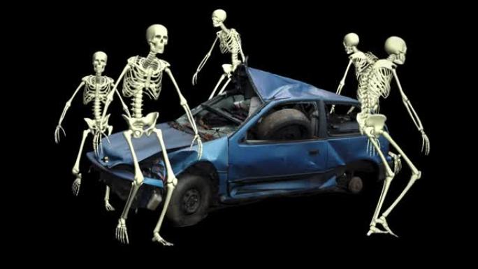一辆有3D骨架的汽车坠毁。
