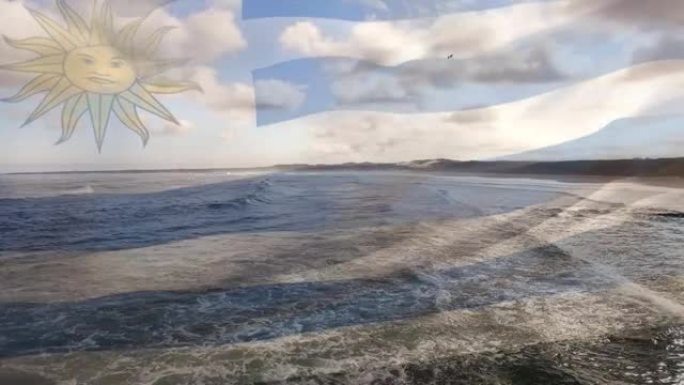 数字组成的挥舞乌拉圭国旗对抗海波的鸟瞰图