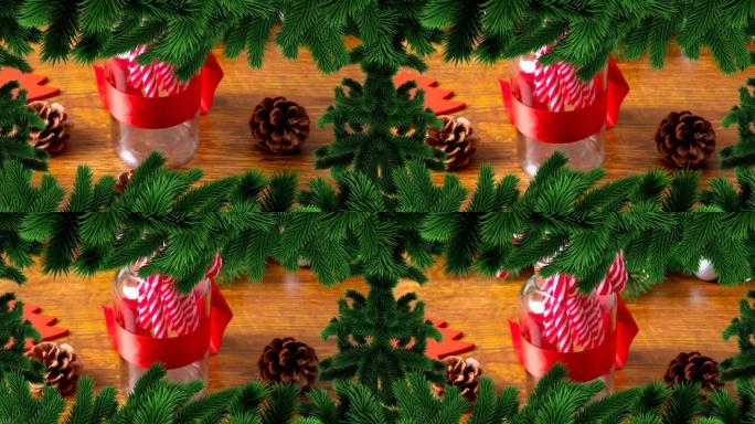 木制背景上带有糖果的罐子上的圣诞杉树框架动画