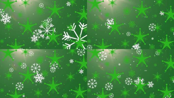 雪花和多个星星图标落在绿色背景上的光斑上