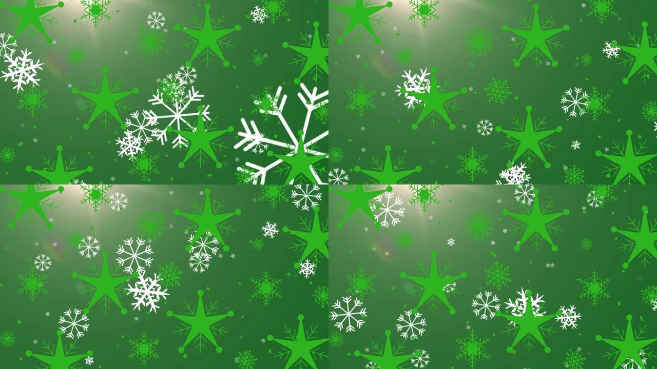 雪花和多个星星图标落在绿色背景上的光斑上