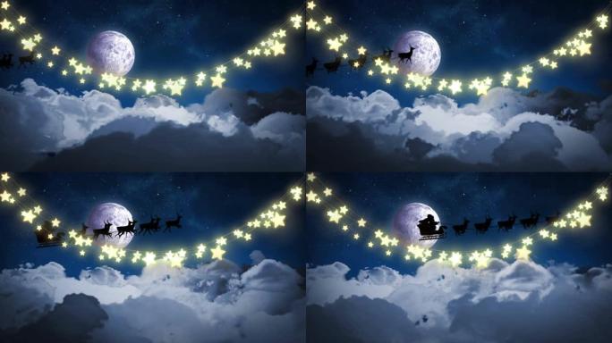 夜空上的圣诞老人雪橇和星星的动画