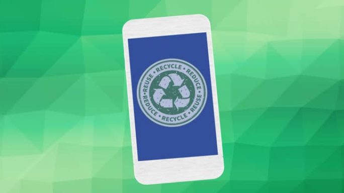 绿色背景上的蓝色智能手机屏幕上的生态回收文本和徽标动画