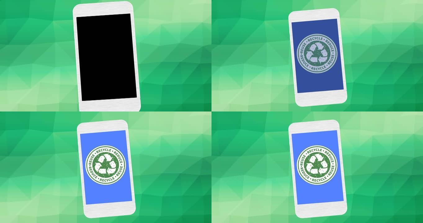 绿色背景上的蓝色智能手机屏幕上的生态回收文本和徽标动画