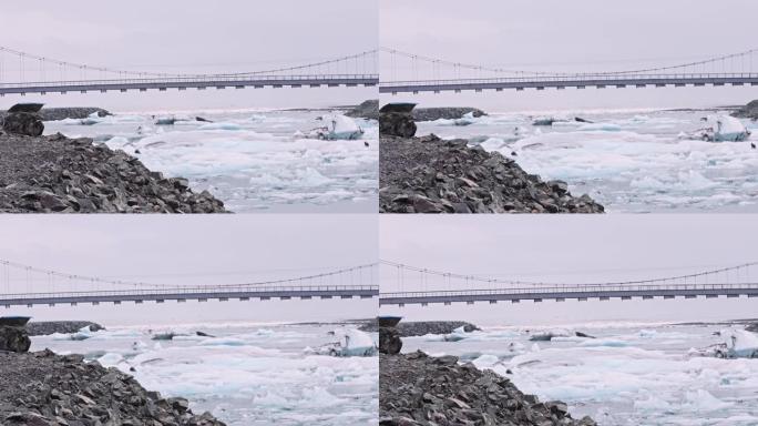 冰岛钻石海滩的吊桥和大海