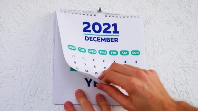 男性手撕下12月页的特写2021年挂历，然后是新2022日历的标题页