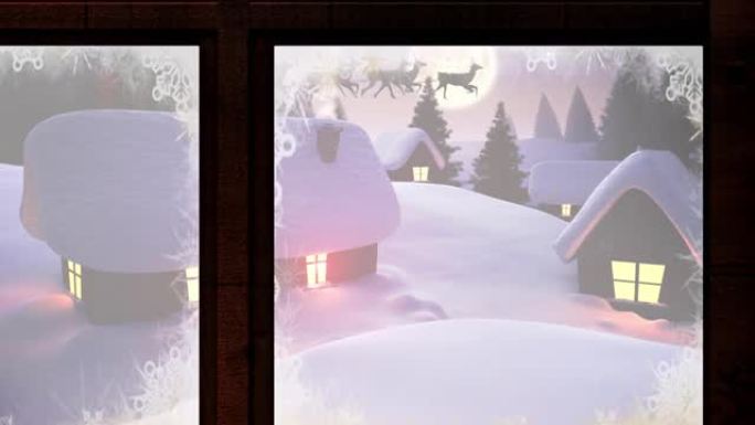 圣诞老人在冬季风景中的圣诞树动画