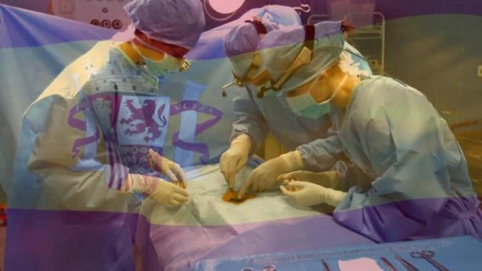 西班牙国旗在手术室中挥舞着外科医生的动画