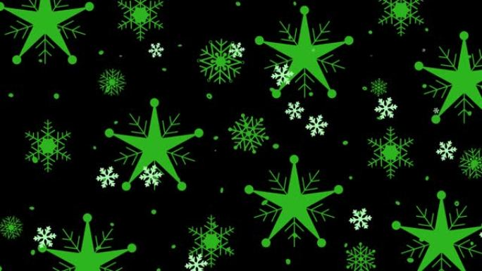黑色背景上飘落绿色圣诞雪花的动画