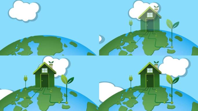 带有植物和绿色电力电缆的房屋的动画在地球上，在云层和蓝天上