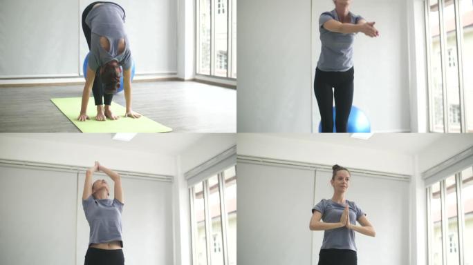 白人女性在家练习瑜伽，私人瑜伽课