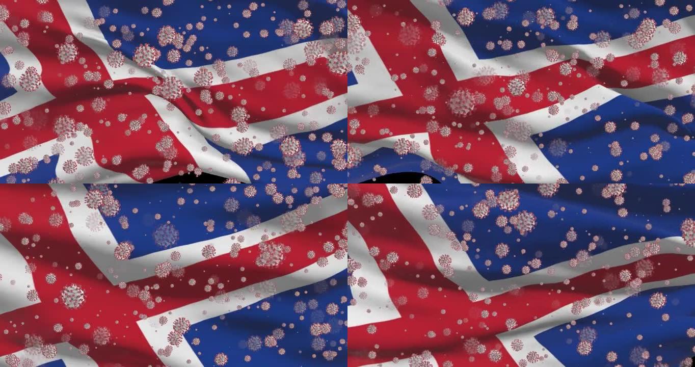 冰岛新冠病毒大流行。带有冠状病毒的冰岛国旗