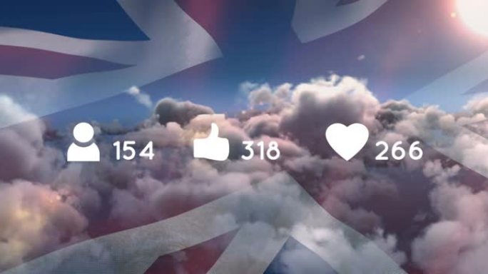 社交媒体图标的动画，带有英国云层和国旗上的数字
