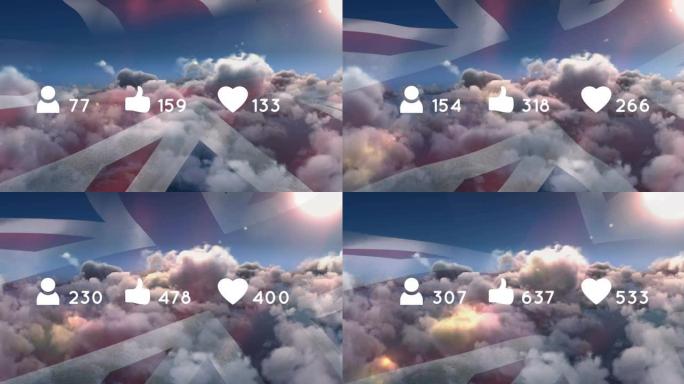 社交媒体图标的动画，带有英国云层和国旗上的数字