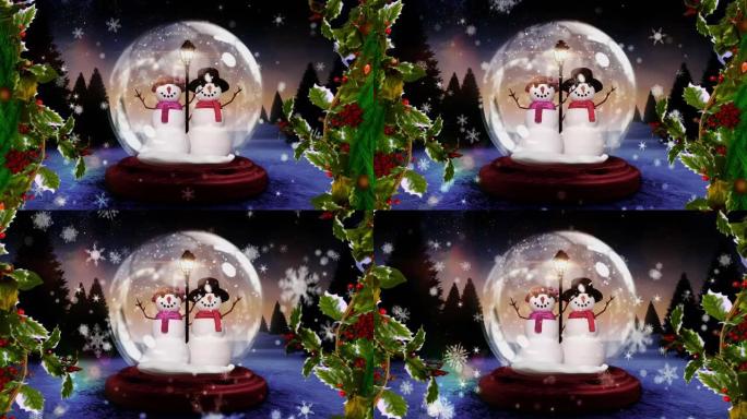 冬季风景中的杉木树枝和圣诞雪球的动画
