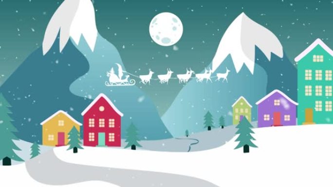 圣诞老人在雪橇上的动画，驯鹿在房屋和冬季景观上
