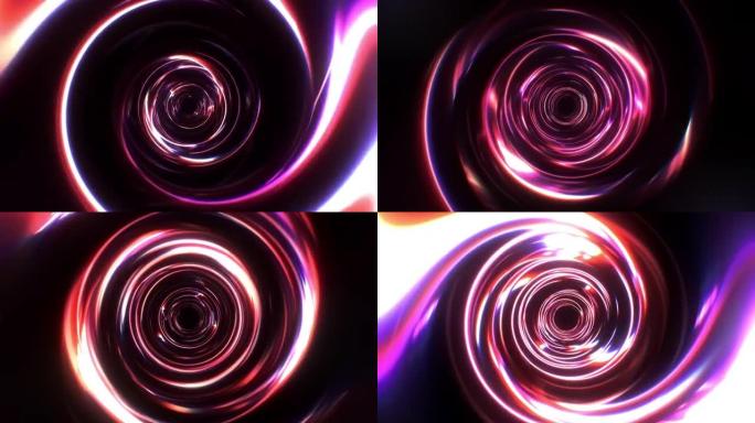循环抽象发光深红色光螺旋隧道渐变条纹理背景合适。4K 3D渲染催眠无缝循环视频骑师，音乐会，夜总会抽