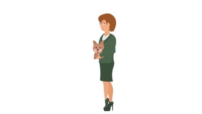 带着狗的女人。一个女人怀里抱着一只狗的动画。卡通